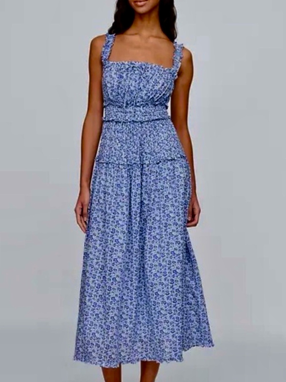 Smocked Square-Neck Midi Dress in Blue Floral